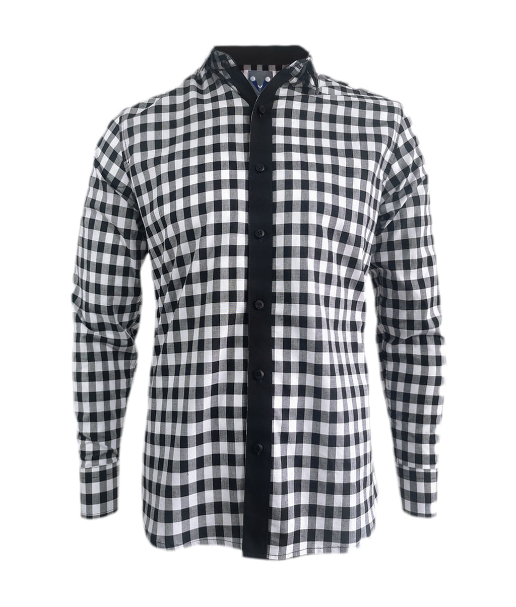 Camisa a cuadros blancos y negros manga larga slim hombre XS a 10XL