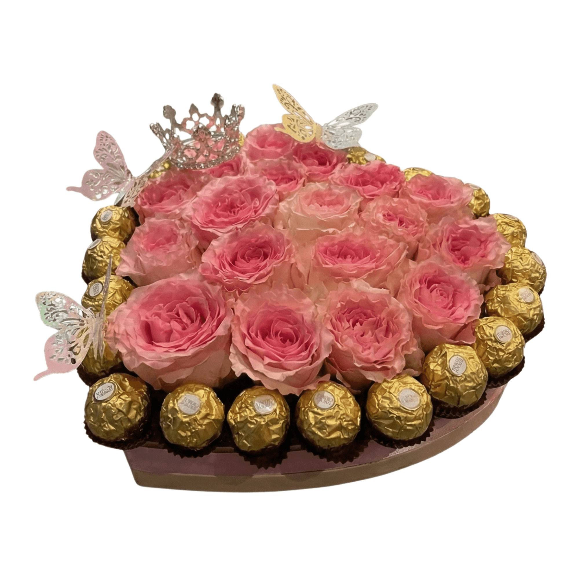 Arreglo de corazones con 25 rosas importadas y 25 bombones importados