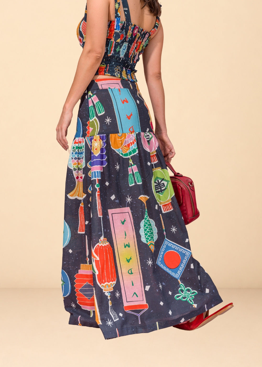 Blue printed linen-effect maxi skirt with fitted waist and hip ruching, view 5