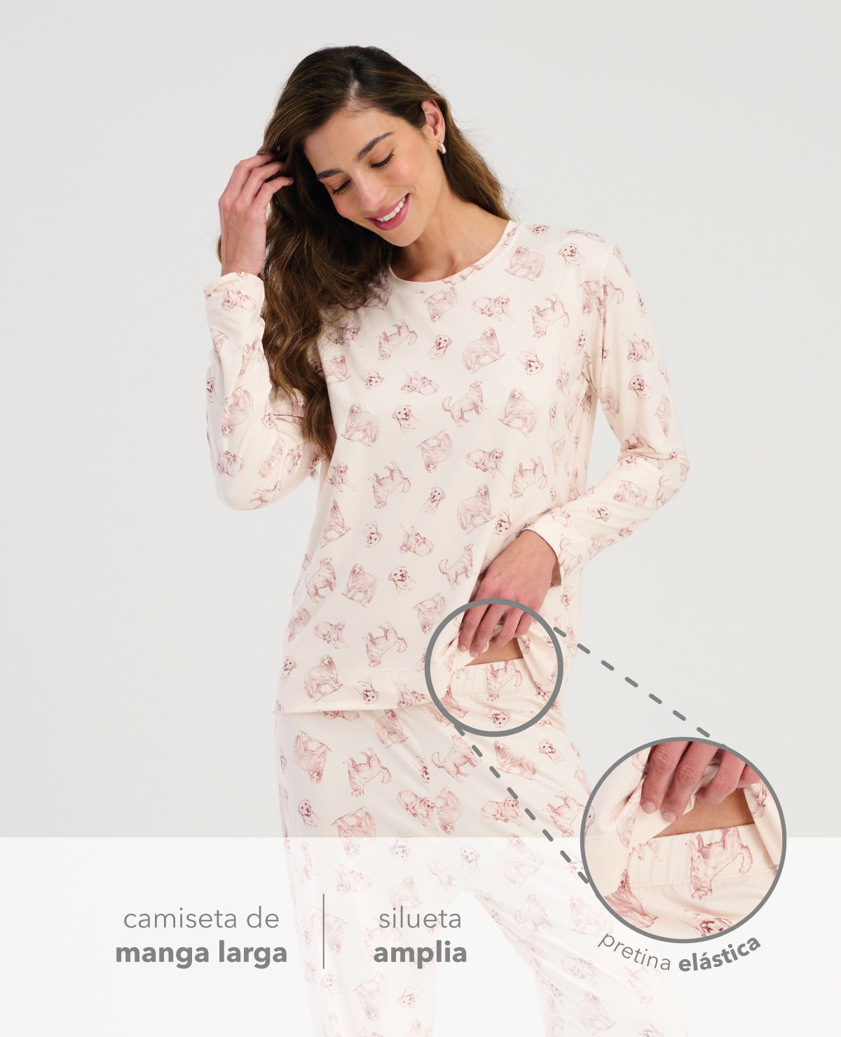 Pijama para mujer St. Even con camiseta manga larga y pantalón de pretina elástica con estampado de perros.