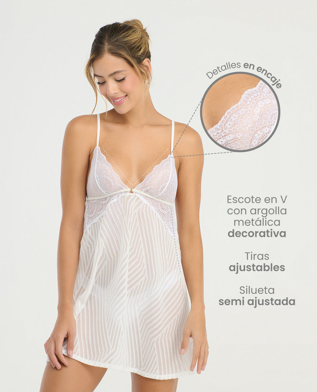 Batola blanca en tejido traslúcido con busto de encaje, escote en V y argolla decorativa para mujer.