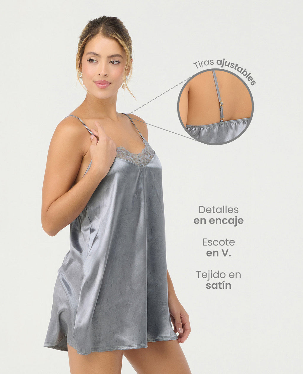 Pijama batola de satín plateado con escote en V, encaje y tiras ajustables. Ropa de dormir elegante para mujer.