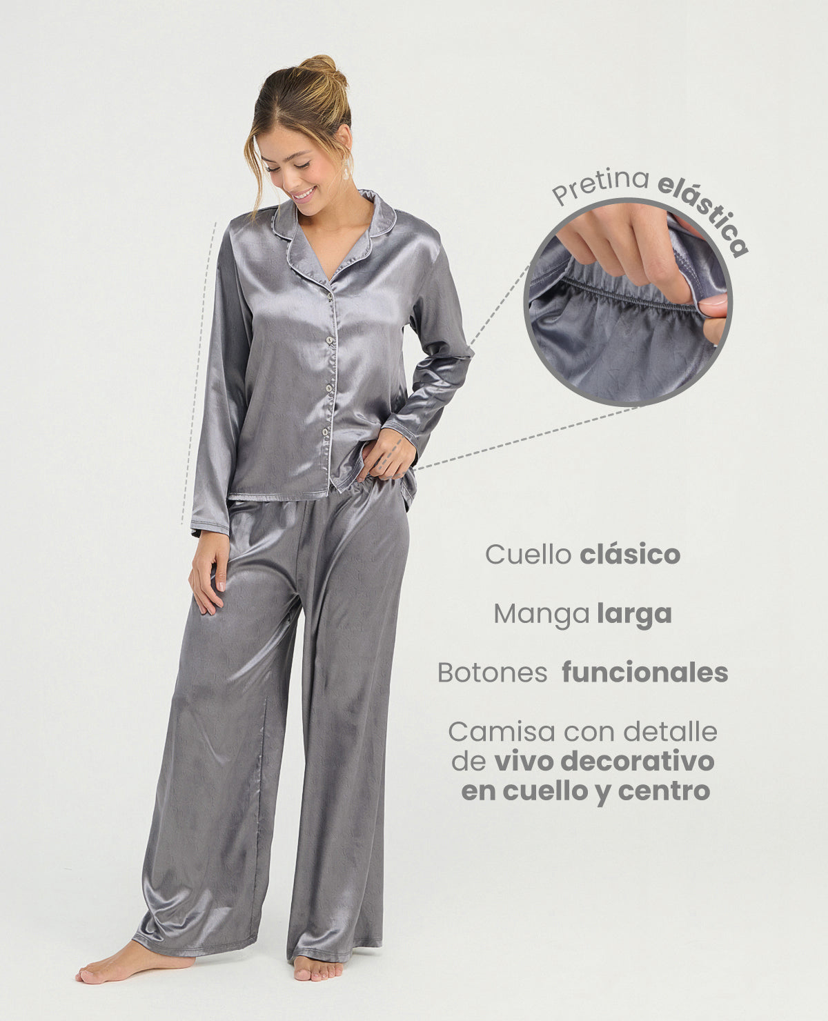 Pijama gris de satín para mujer con camisa manga larga, pantalón de pretina elástica y botones funcionales.