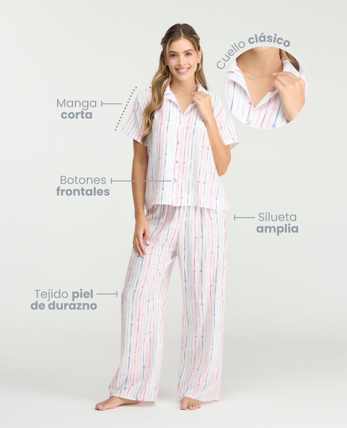 Pijama para mujer de pantalón y camisa manga corta con botones, silueta amplia en tejido piel de durazno.