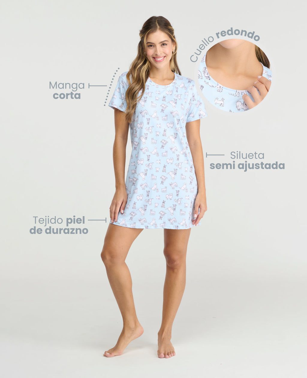 Pijama batola para mujer en tejido piel de durazno, manga corta y cuello redondo con silueta semi ajustada.