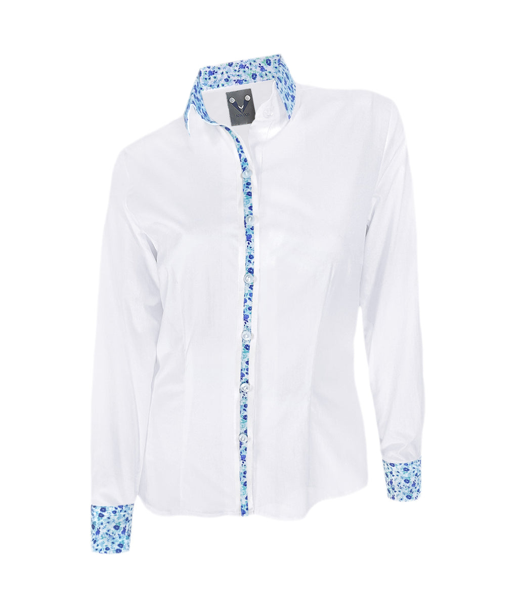 Camisa Blusa Azul Blanca Estampada Con Flores Mujer Talla XS a 10XL