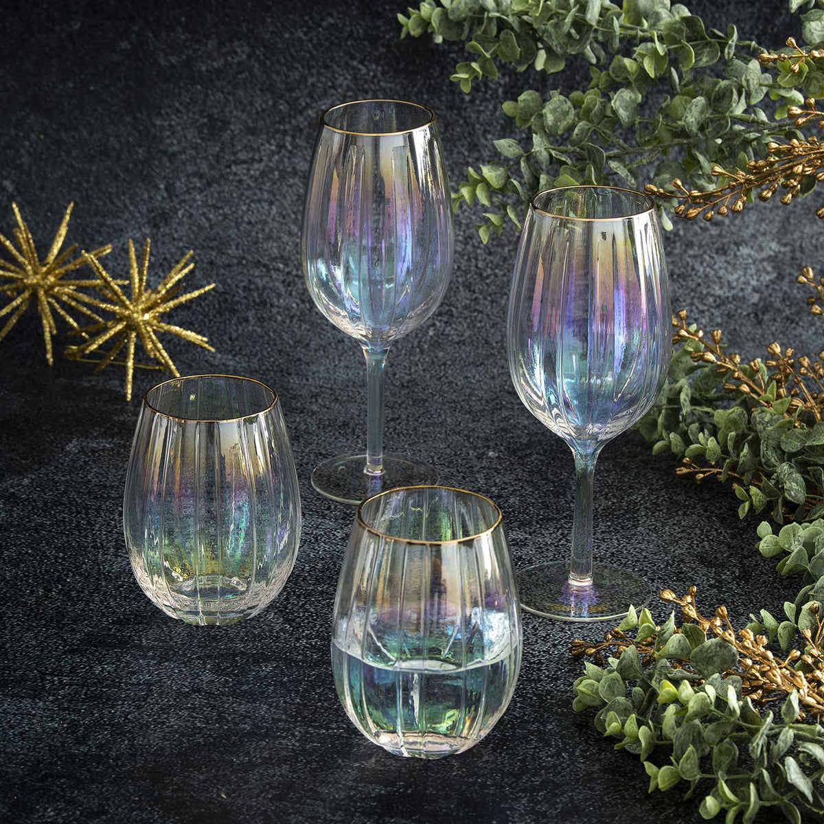Vaso rayas tornasol borde dorado setx2