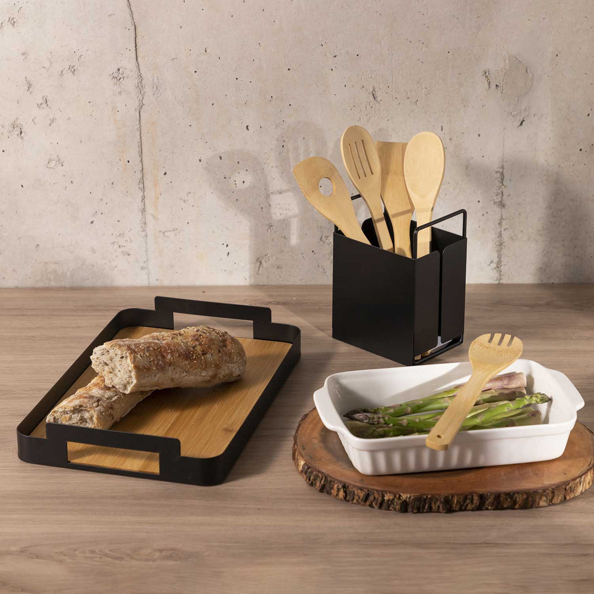Bandeja rectangular base madera 38 cm