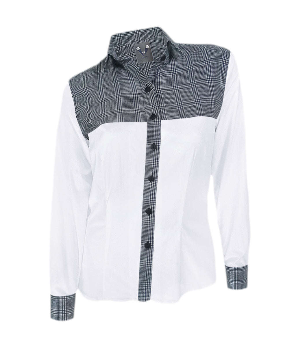 Camisa Blusa Blanca Cuadros Blancos Y Negros Algodón Mujer XS a 10XL