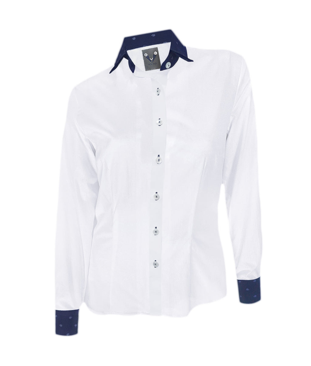 Camisa blusa blanca con azul oscuro en contraste manga larga mujer XS a 10XL