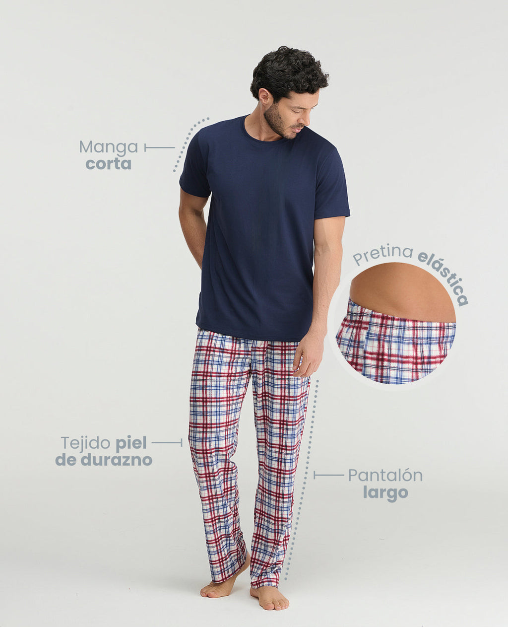 Pijama para hombre St. Even con camiseta azul manga corta y pantalón largo a cuadros en tejido piel de durazno.