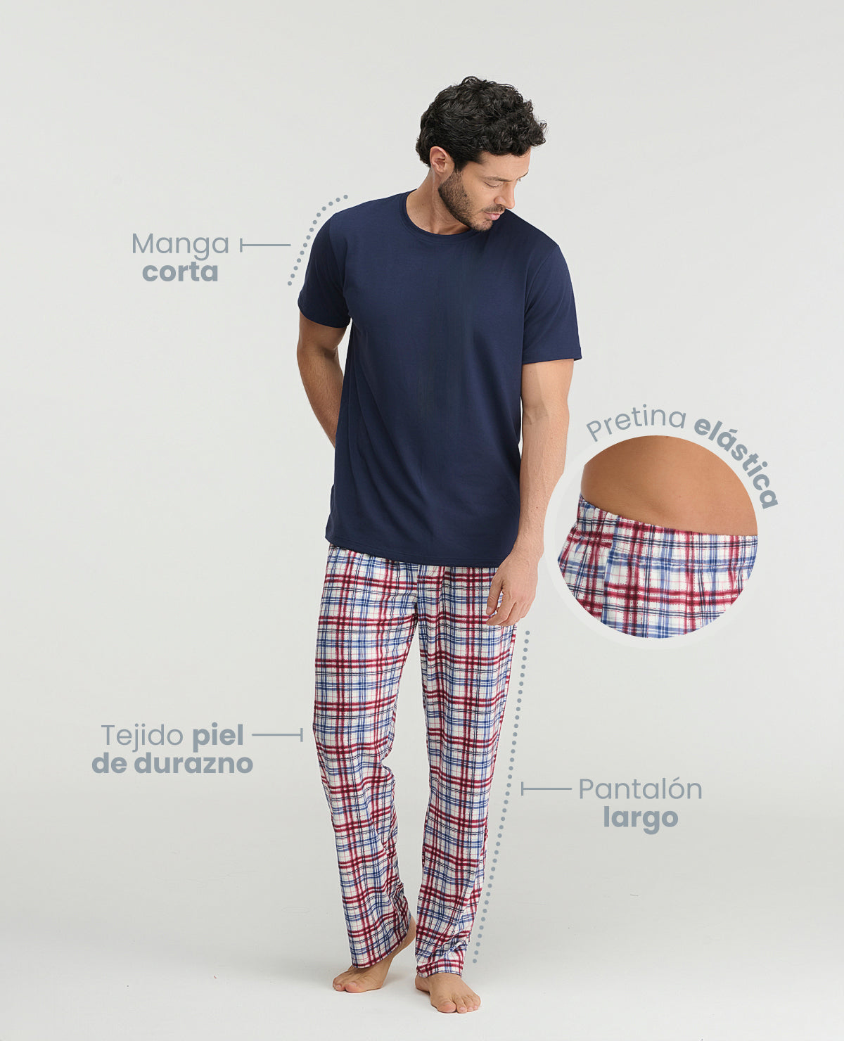 Pijama para hombre St. Even con camiseta azul manga corta y pantalón largo a cuadros en tejido piel de durazno.