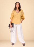 Mustard linen-effect cotton shirt with V-neck, puff sleeves, and star appliqués, view 2