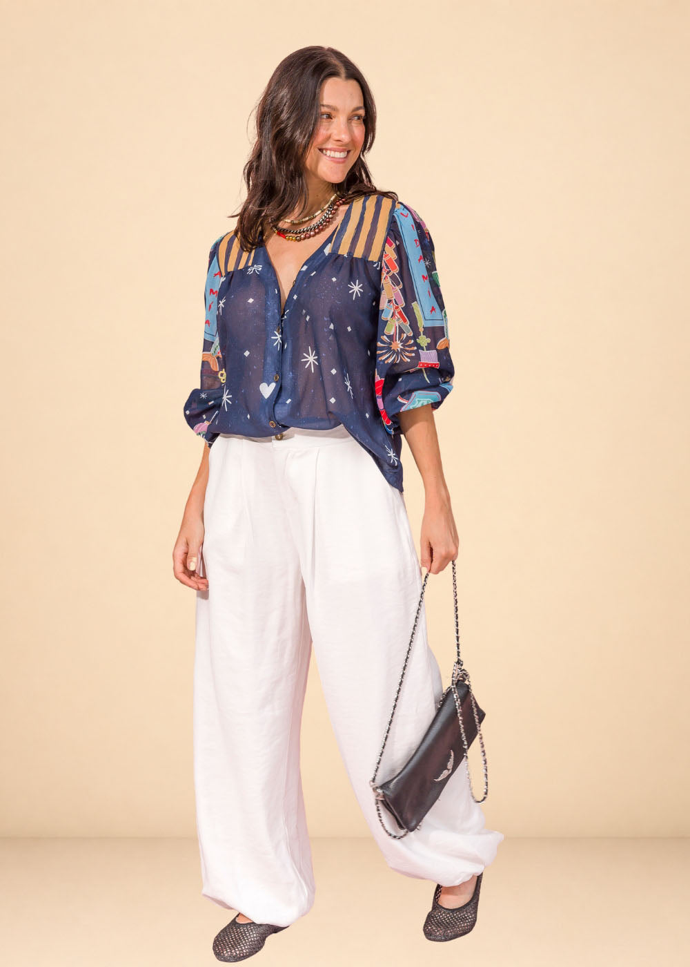 Blue printed chiffon shirt with V-neck and voluminous balloon sleeves, view 3