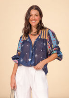 Blue printed chiffon shirt with V-neck and voluminous balloon sleeves, view 5