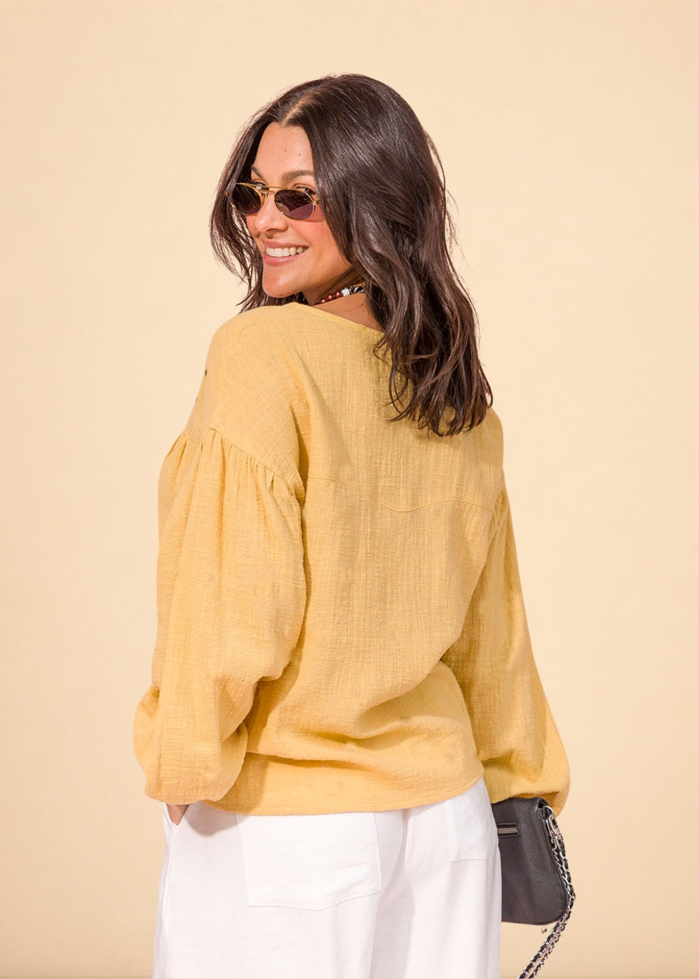 Mustard linen-effect cotton shirt with V-neck, puff sleeves, and star appliqués, view 6