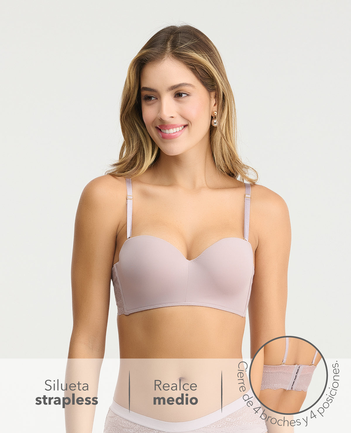 Brasier strapless de realce medio en color rosa pálido con espalda de encaje y cierre de 4 broches.