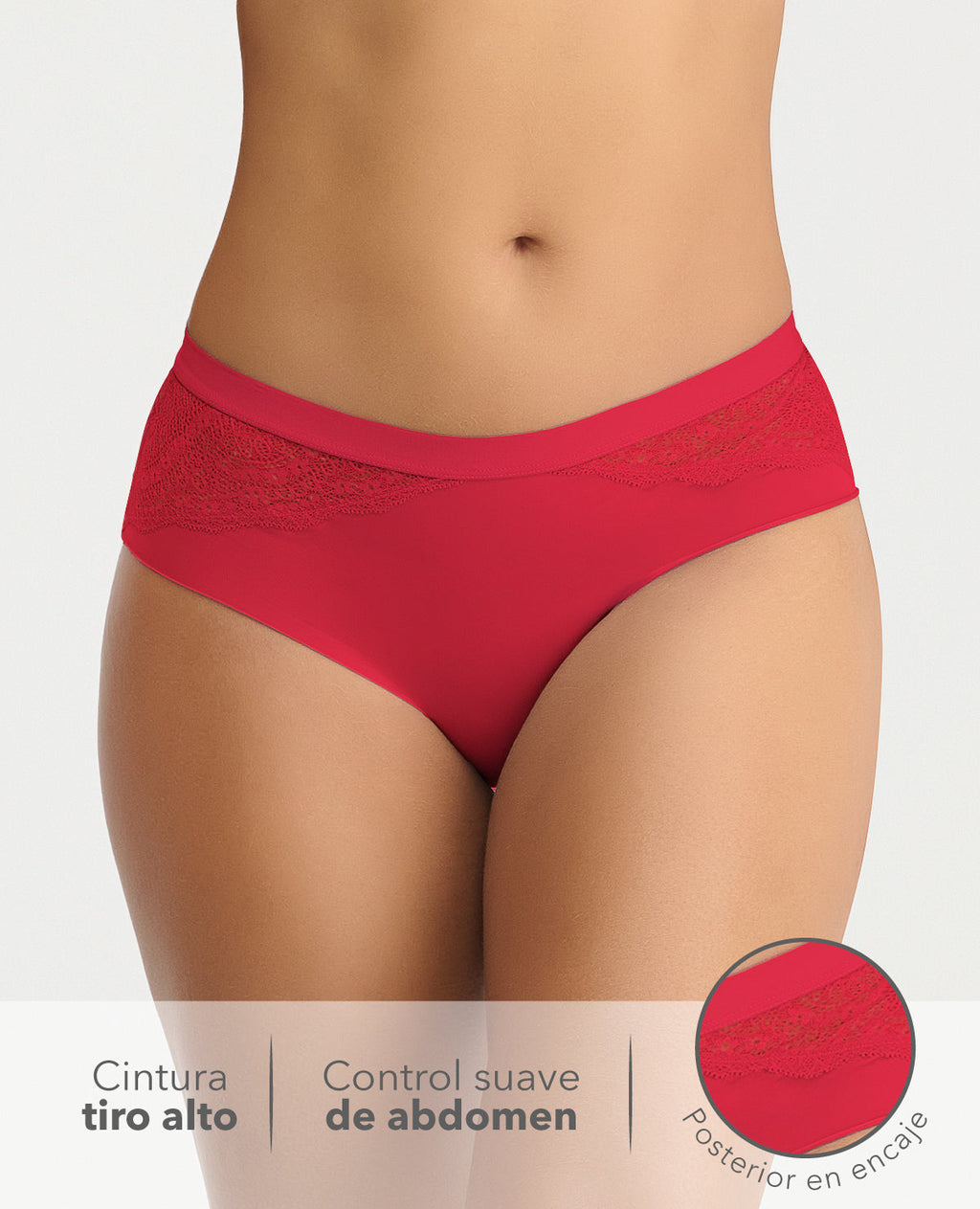 Cachetero rojo St. Even para mujer con tiro medio, laterales de encaje delicado y ajuste de control suave.