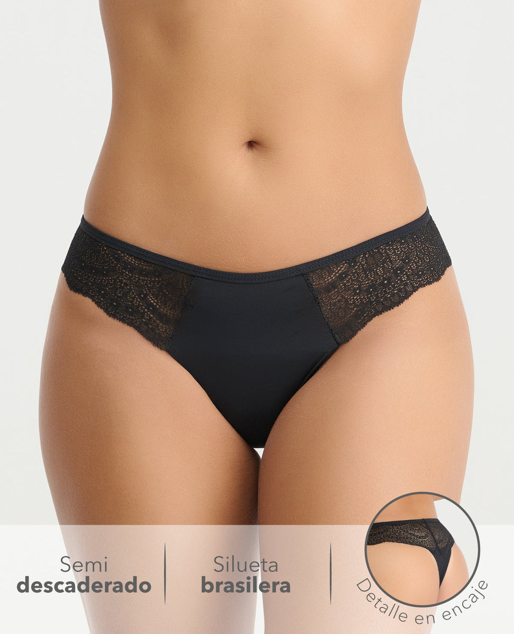 Panty tipo brasilera semidescaderada en color negro con encaje floral en laterales y cintura elástica de St. Even.