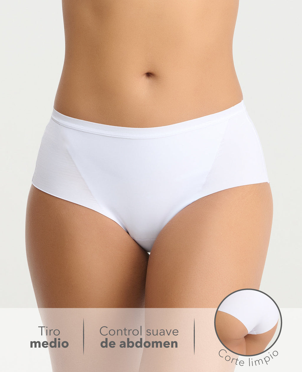 Cachetero blanco tiro medio para mujer con control suave de abdomen y detalle de corte limpio invisible.
