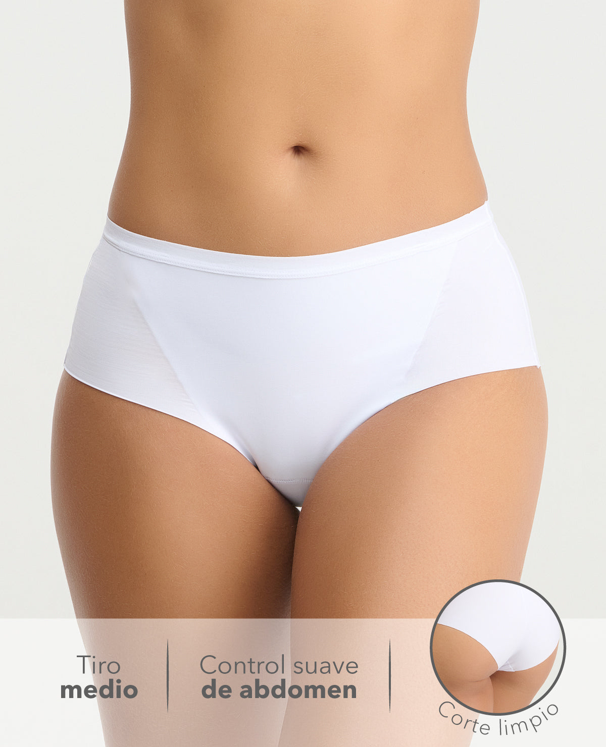 Cachetero blanco tiro medio para mujer con control suave de abdomen y detalle de corte limpio invisible.