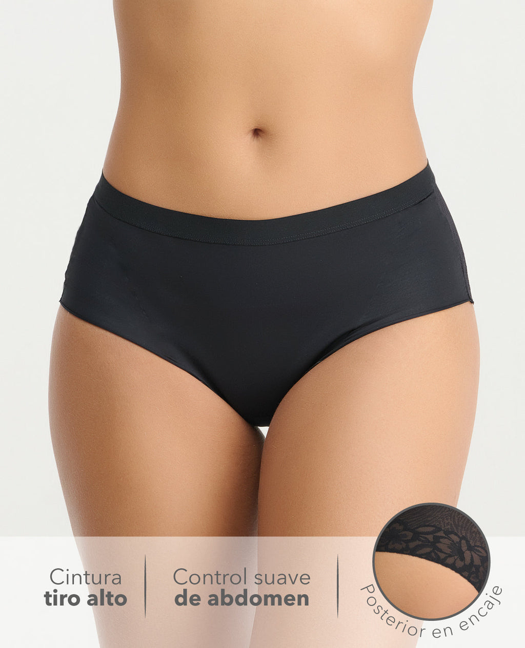 Panty de cintura alta para mujer en color negro, con control de abdomen y encaje floral en el posterior.