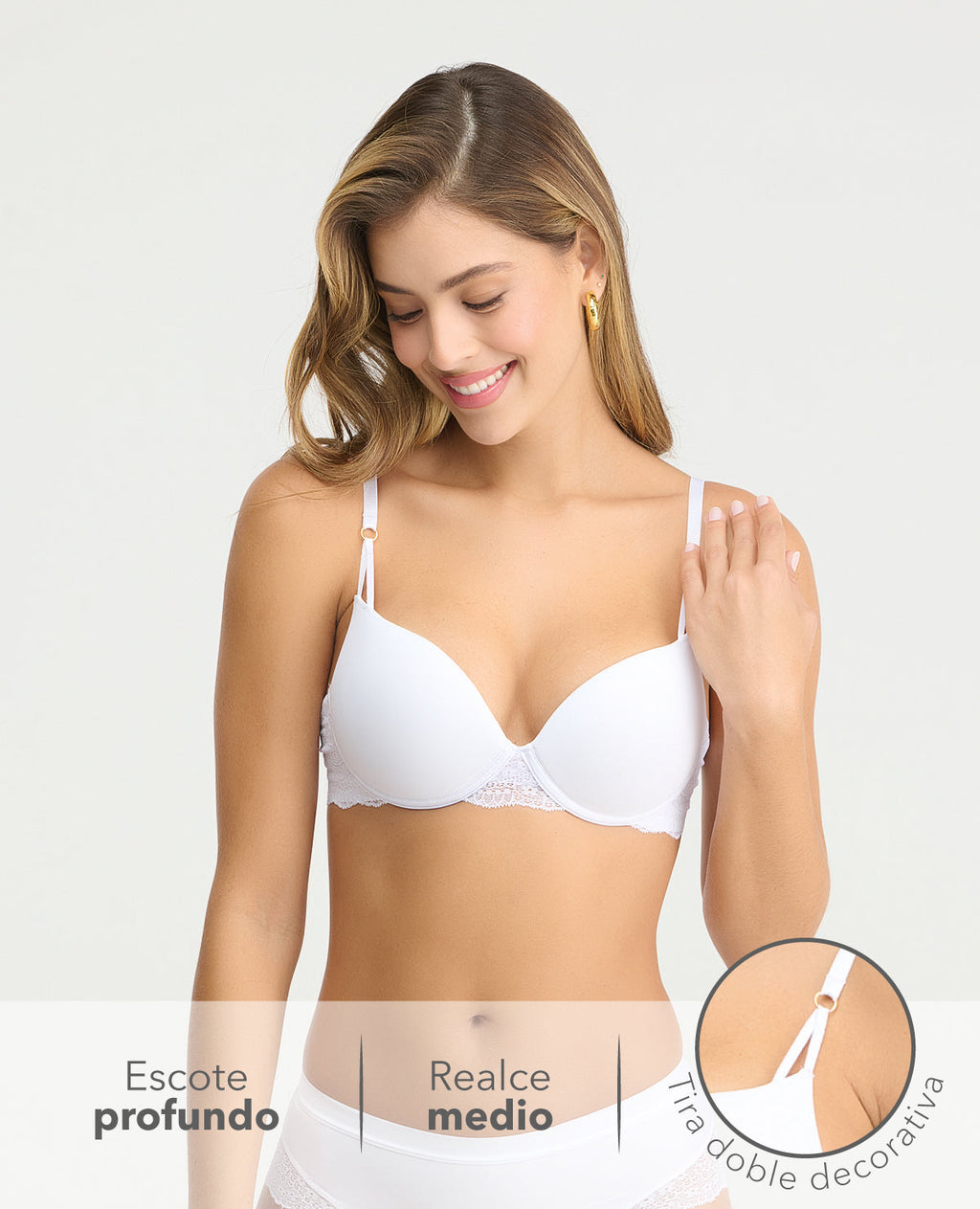 Brasier blanco con realce medio y escote profundo, base de encaje y cargaderas ajustables con tira doble decorativa.