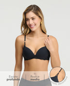 Brasier negro de realce medio y escote profundo con encaje y detalle de tira doble decorativa para mujer.
