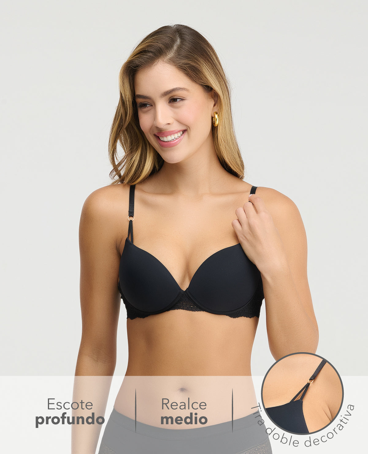 Brasier negro de realce medio y escote profundo con encaje y detalle de tira doble decorativa para mujer.