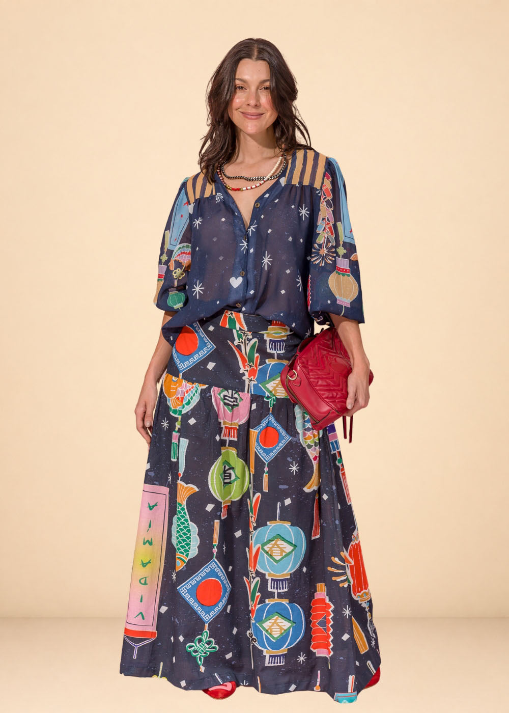 Blue printed chiffon shirt with V-neck and voluminous balloon sleeves, view 2