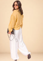 Mustard linen-effect cotton shirt with V-neck, puff sleeves, and star appliqués, view 5