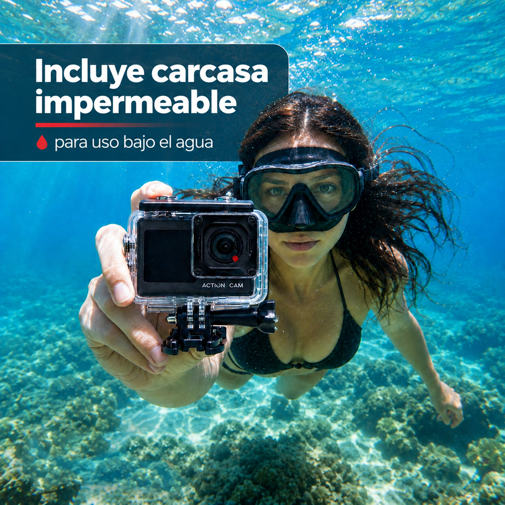Cámara Sport Full HD 1080P Con Carcasa Impermeable Y Accesorios