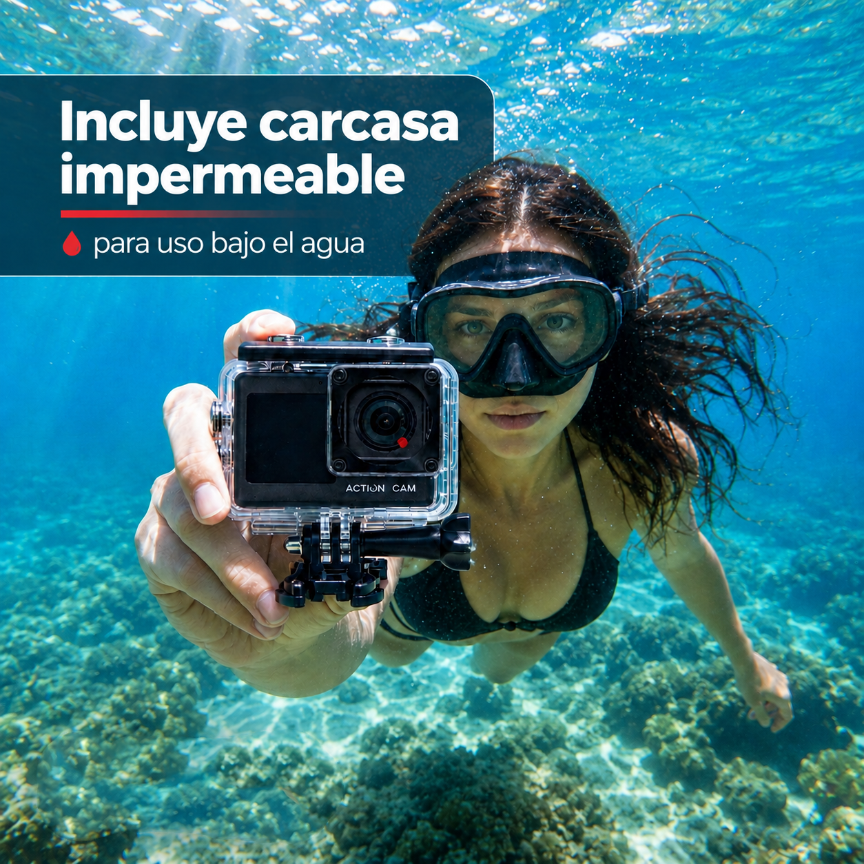 Cámara Sport Full HD 1080P Con Carcasa Impermeable Y Accesorios