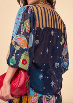 Blue printed chiffon shirt with V-neck and voluminous balloon sleeves, view 4