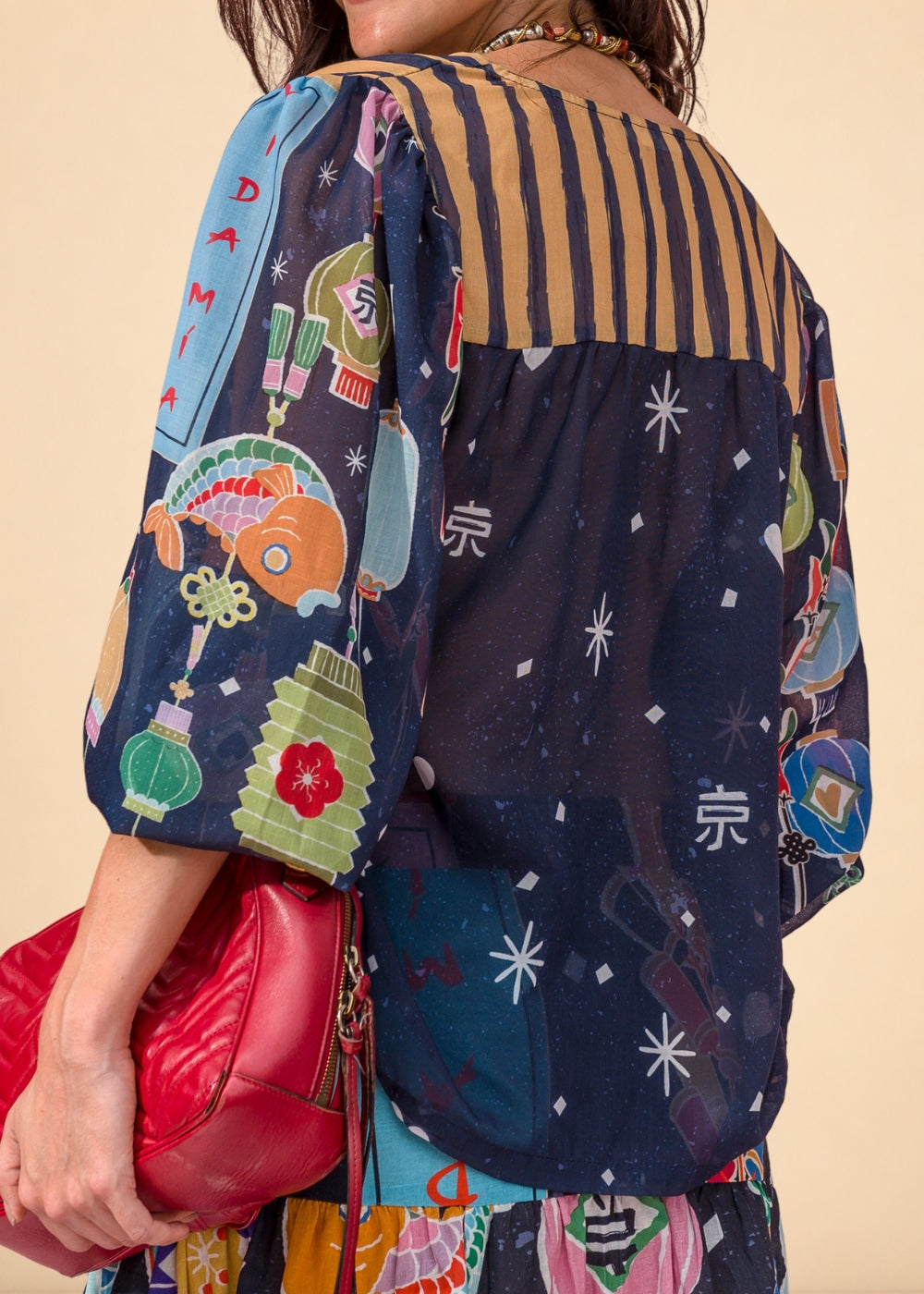 Blue printed chiffon shirt with V-neck and voluminous balloon sleeves, view 4