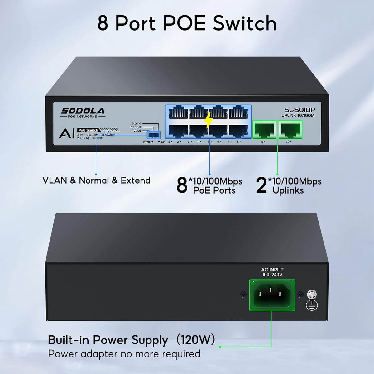 Switch POE De 8 Puertos 100Mbps +2 Enlaces Ascendentes Ethernet