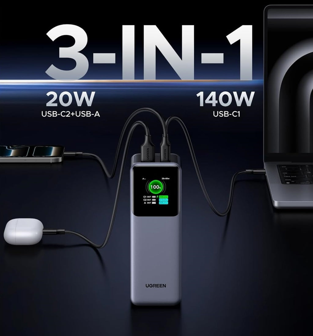 Cargador Portátil Ugreen De Alta Potencia 200W Con 3 Puertos y Batería De 25,000mAh