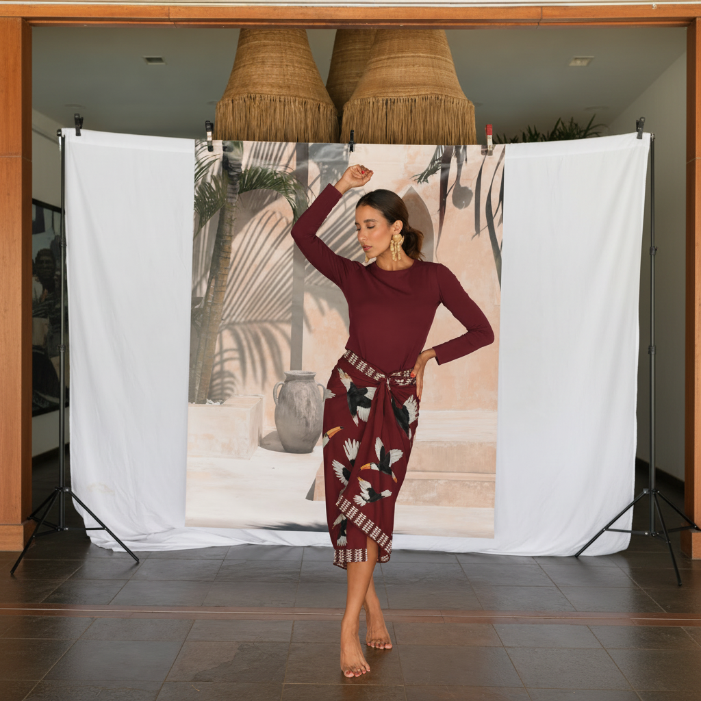 Pareo Sarong 012 – Tropical Birds Burgundy