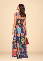 Blue printed linen-effect maxi skirt with fitted waist and hip ruching, view 7