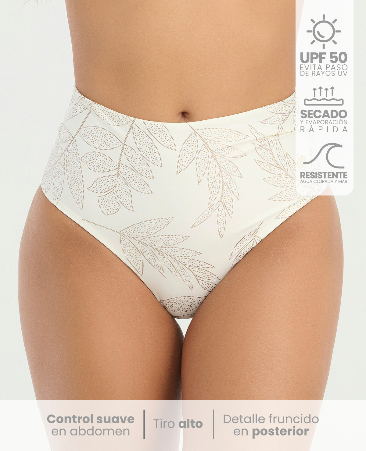 Panty de baño tiro alto para mujer con control de abdomen y estampado de hojas beige sobre fondo crema.