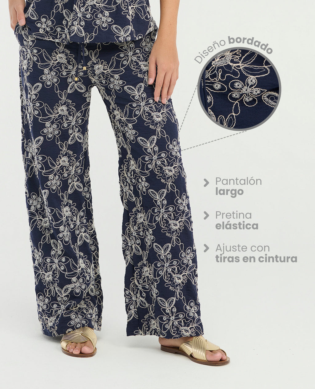 Pantalón Largo | Detalles Bordados | Pretina Elástica con Tiras Anudables - Kliquea