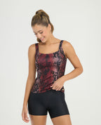 Vestido de baño tankini con estampado animal print vinotinto y panty tipo bóxer negro de St. Even.