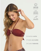 Top de baño strapless granate con detalle dorado, tiras ajustables al cuello y protección UV para mujer.