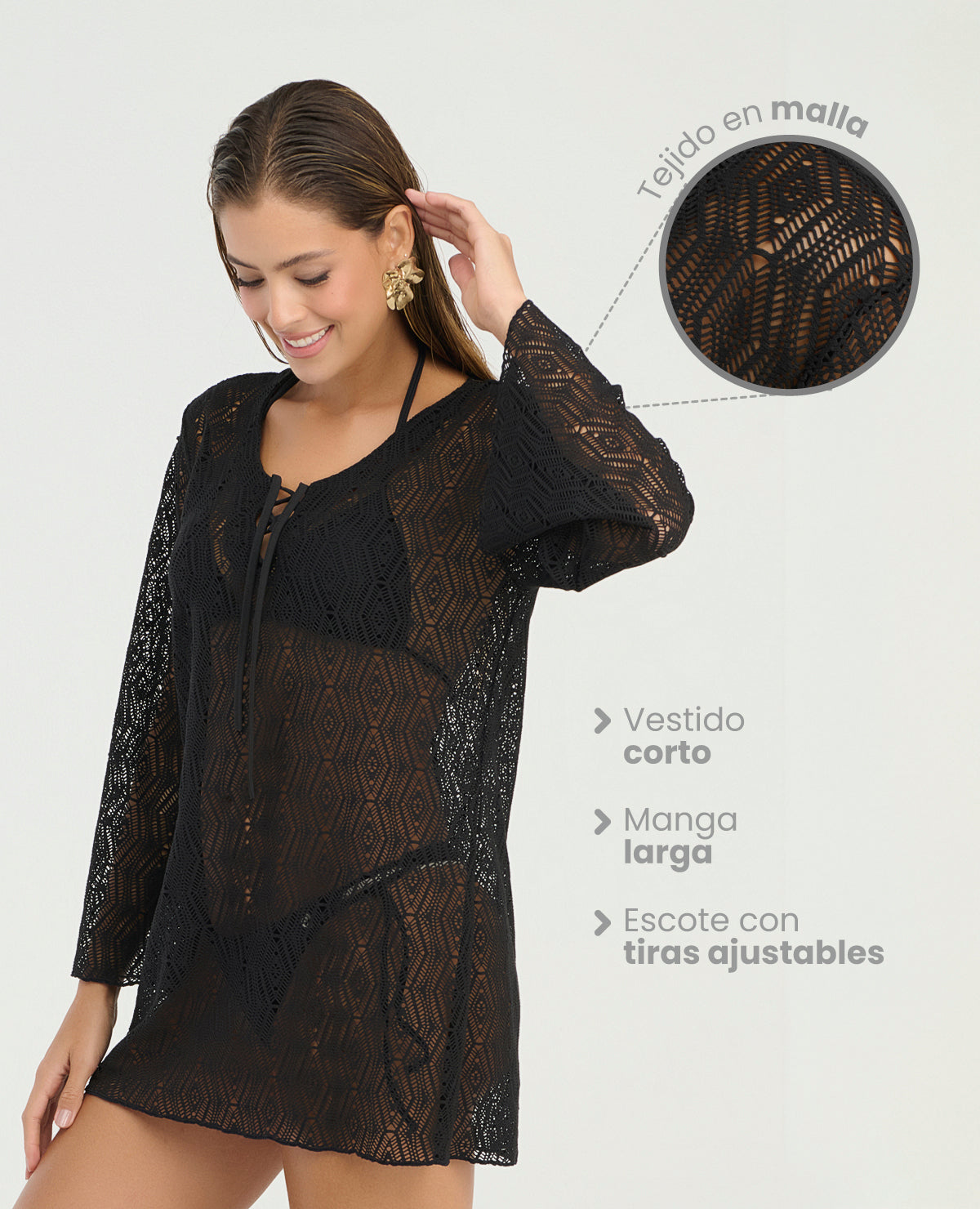 Vestido Corto | En Malla | Manga Larga - Kliquea