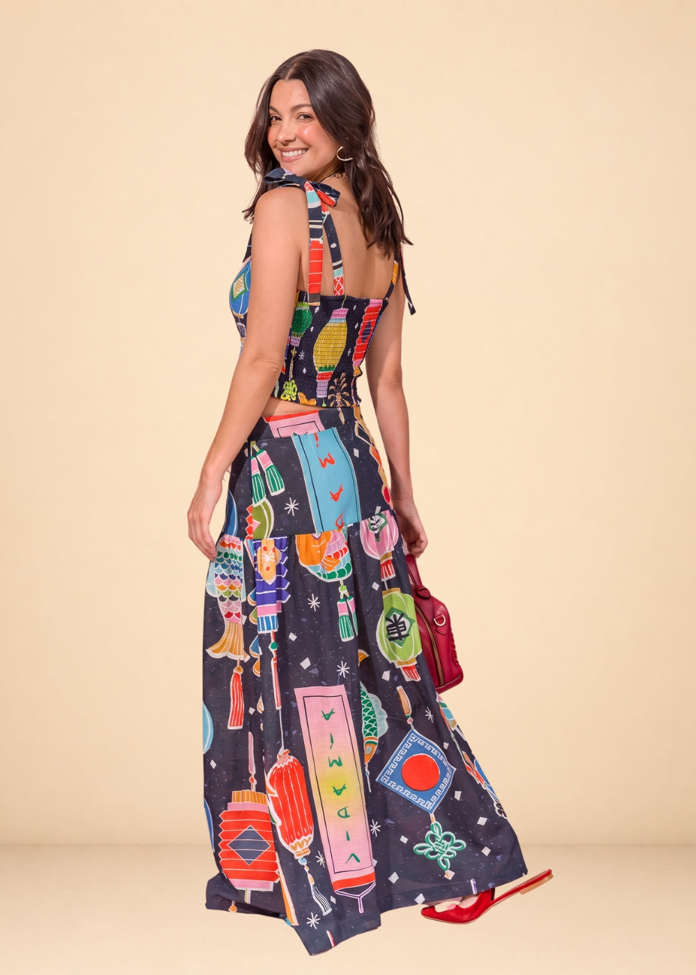 Blue printed linen-effect maxi skirt with fitted waist and hip ruching, view 8