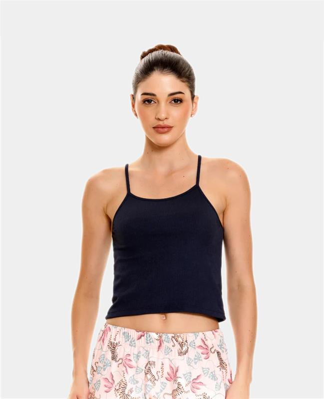 Camisilla de pijama azul oscuro para mujer en silueta semiajustada con tiras finas y escote recto.