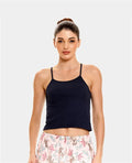 Camisilla de pijama azul oscuro para mujer en silueta semiajustada con tiras finas y escote recto.