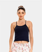 Camisilla de pijama azul oscuro para mujer en silueta semiajustada con tiras finas y escote recto.