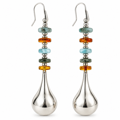 Aretes de cogas de plata con piedras de larimar y ambar