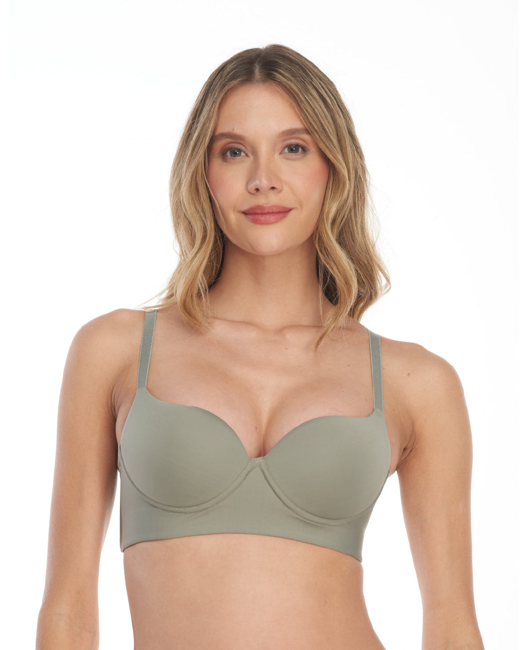 Brasier de realce natural verde oliva con copas prehormadas y cargaderas ajustables para mujer.